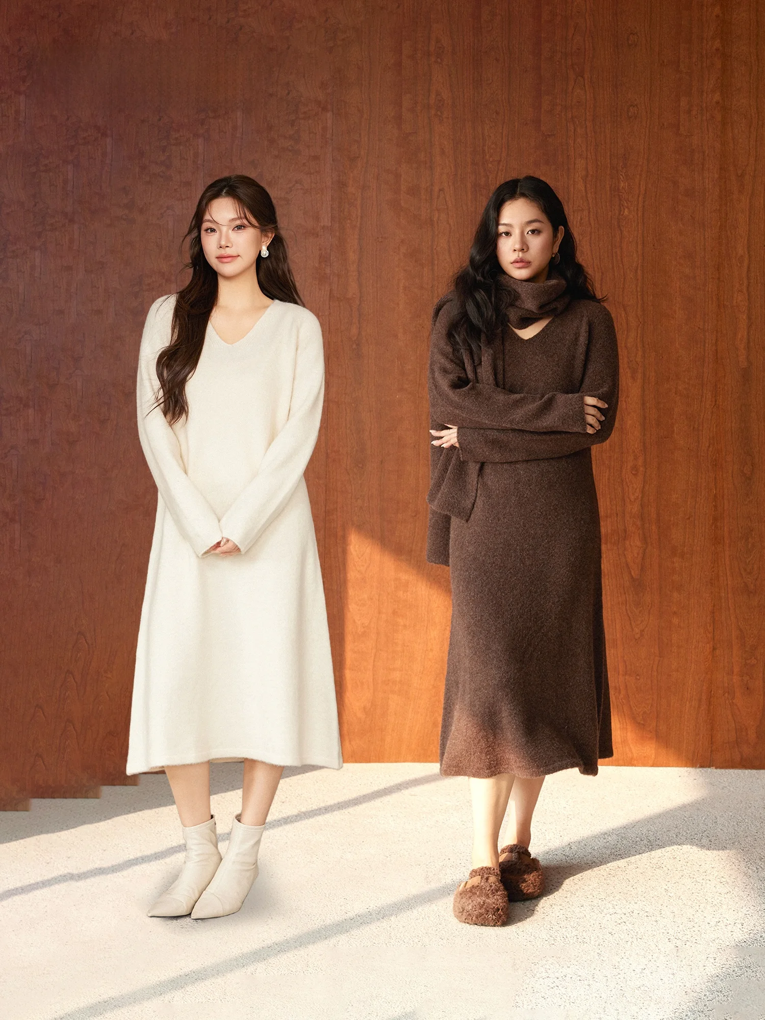 

Ele Wool Blend V-Ne Dr Scarf Combo by Plusmall Autumn Winter Faion Casual Loose Fit mid Waist A-Line Skirt