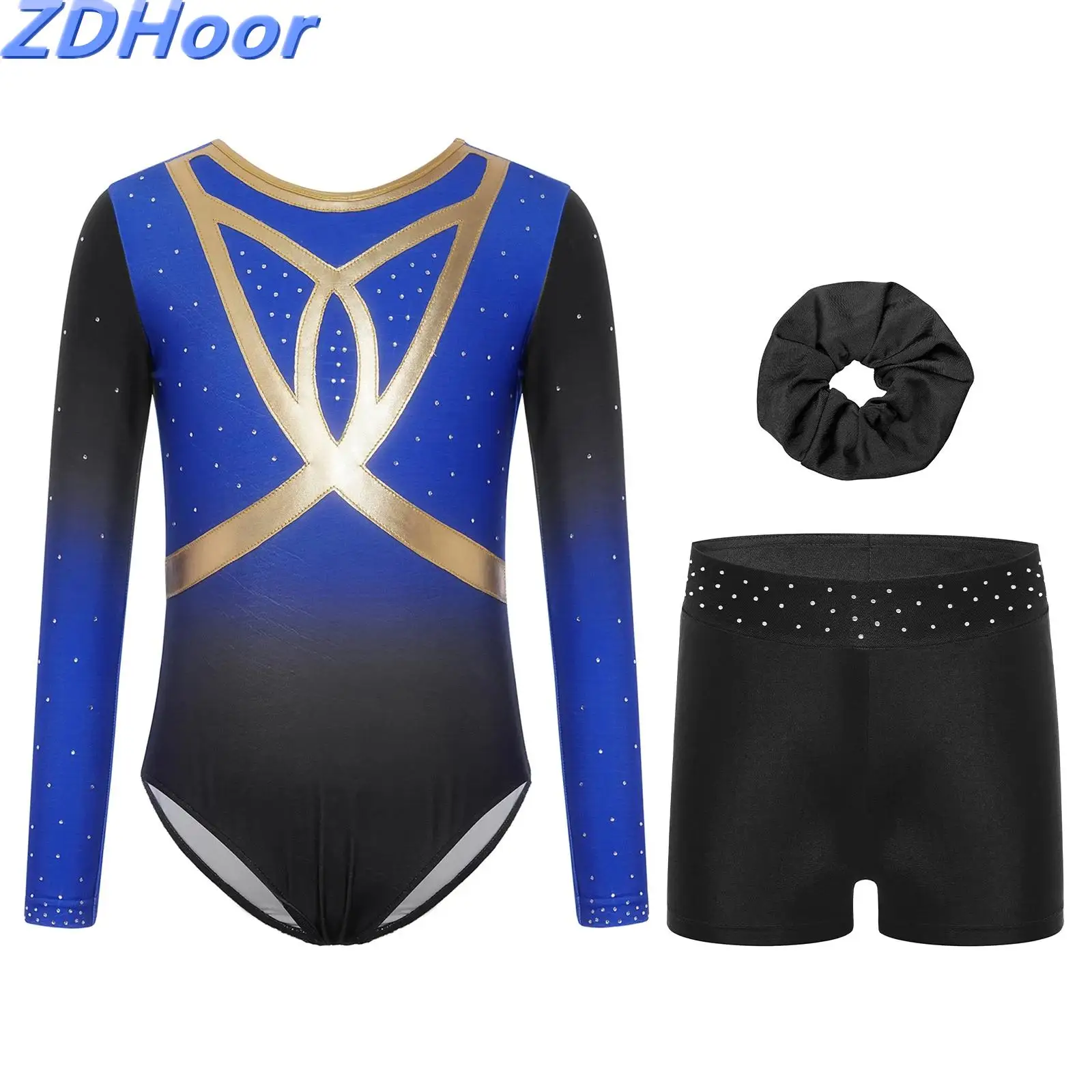 

Kids Girls Ballet Figure Skating Outfits Round Neck Long Sleeve Shiny Rhinestones Gradient Leotard with Shorts And Hairband