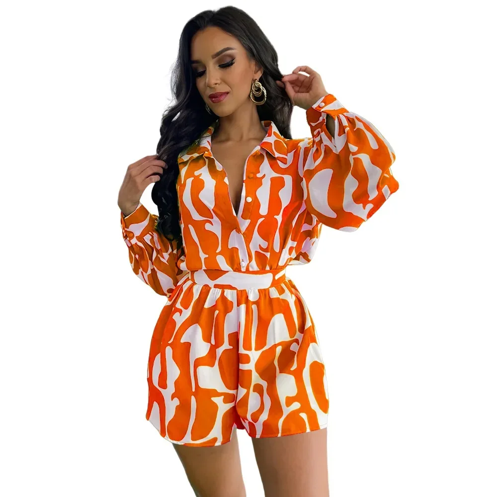 Women Two Piece Shorts Suits Chic Print Turn Down Collar Long Sleeve Single Breasted Shirts Loose Set Elegant Office Lady summer