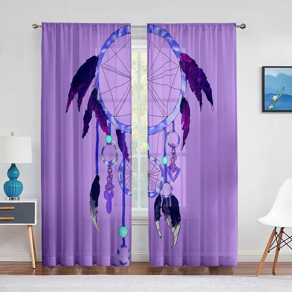 

Dream Catcher Feather Violet Sheer Voile Curtains for Living Room Home Kitchen Decor Bedroom Chiffon Window Tulle Curtain Drapes