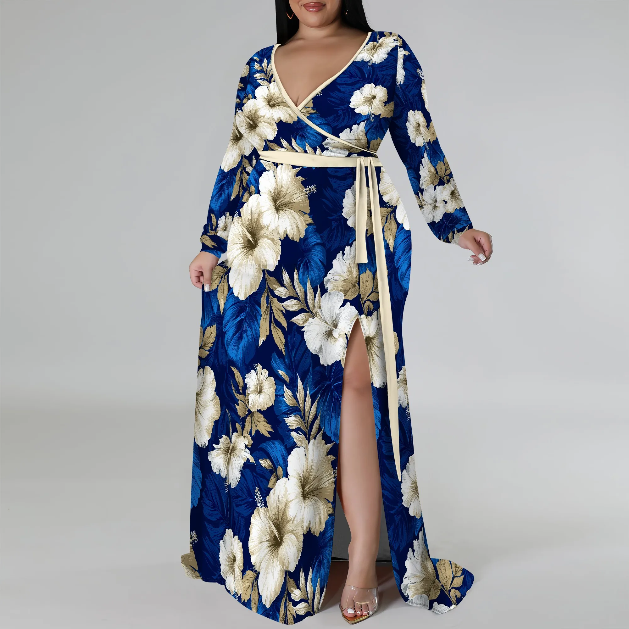 

Nupusa Blue White Floral Gold Leaf Print Dress for Women Plus Size Casual V Neck Long Sleeve Belted Split Maxi Dress