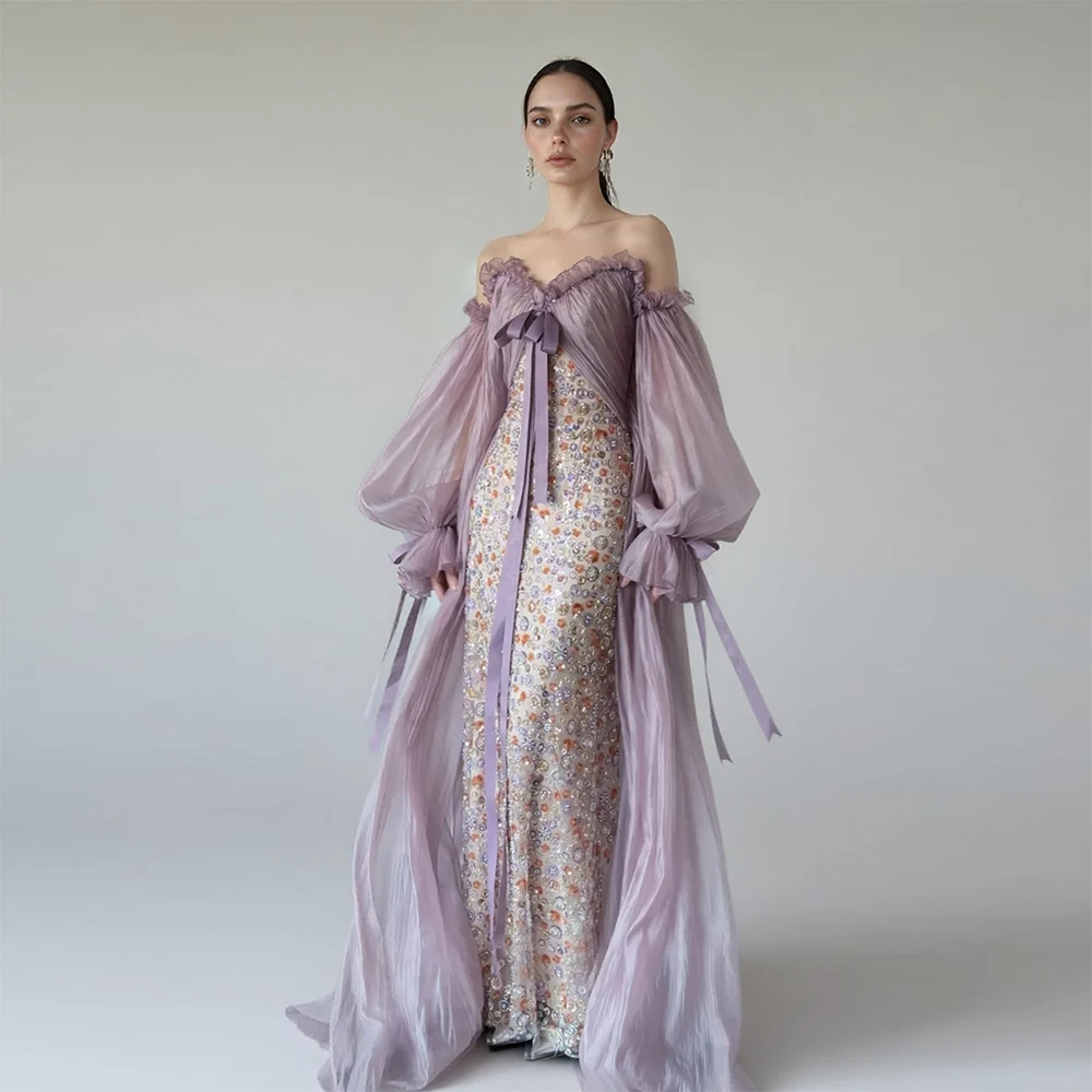 

ESBRIDE Elegant Light Purple Long Shawl Women's Evening Dress Silk Fabric Puff Long Sleeve Pleated Tube Top Prom Dress for Prom