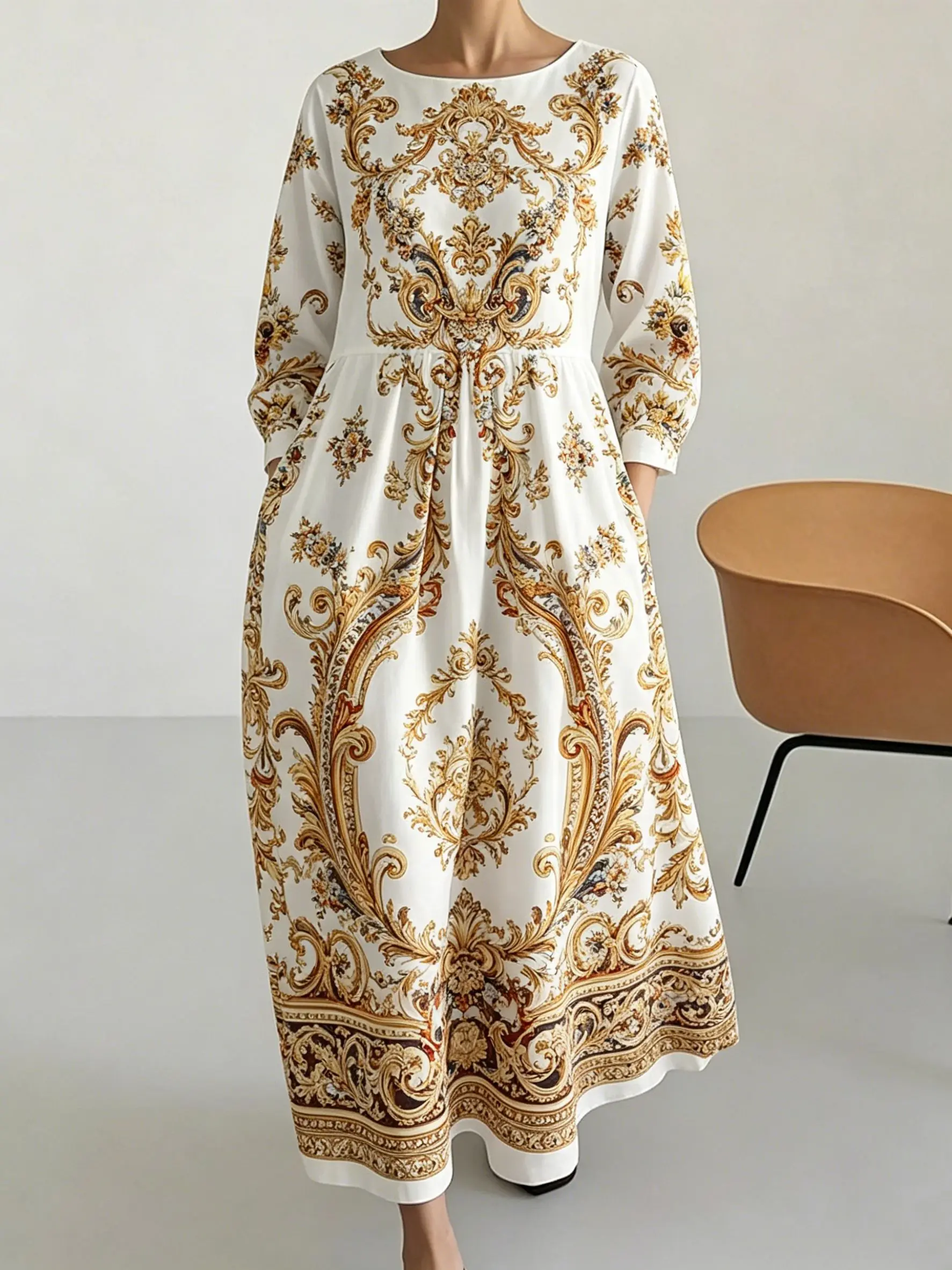 

Elegant Baroque damask Printed Dress Classic Chic Vintage Sleeveless A-Line Midi Dress Formal Casual Occasions Dresses