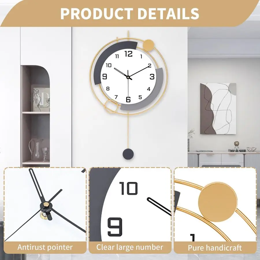 Horloges murales avec pendule, quartz de qualité silencieuse à piles, grande horloge murale pour salon, cuisine, maison, salle de bain, chambre à coucher