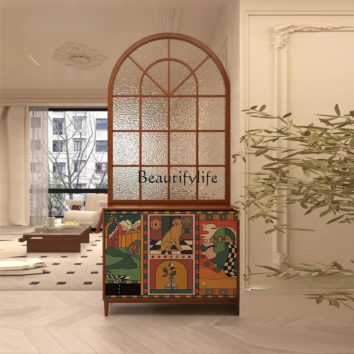 

French Retro Entryway Storage Cabinet Corner Integrated Half-Wall Partition