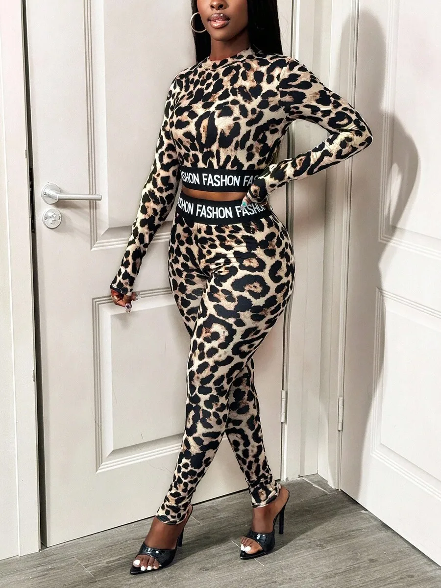 레오파드 프린트 2피스 여성용 매칭 세트, '패션' 허리밴드, 긴팔 크롭탑 & 레깅스