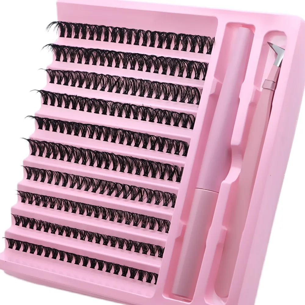 DIY Cluster Lash Extension Kit D Curl False Eyelashes with Adhesive Sealant & Tweezers Home Beauty