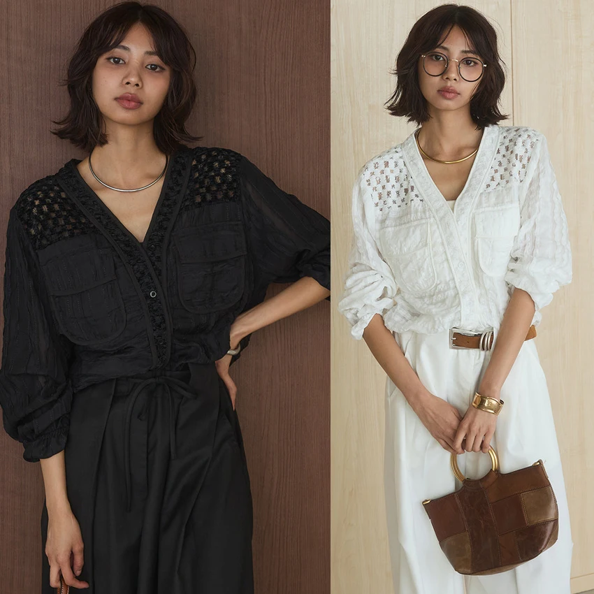 

Женская элегантная блузка с V-образным вырезом и кружевом, ажурная, в корейском стиле, с длинным рукавом, с двумя карманами, весна-лето 2026