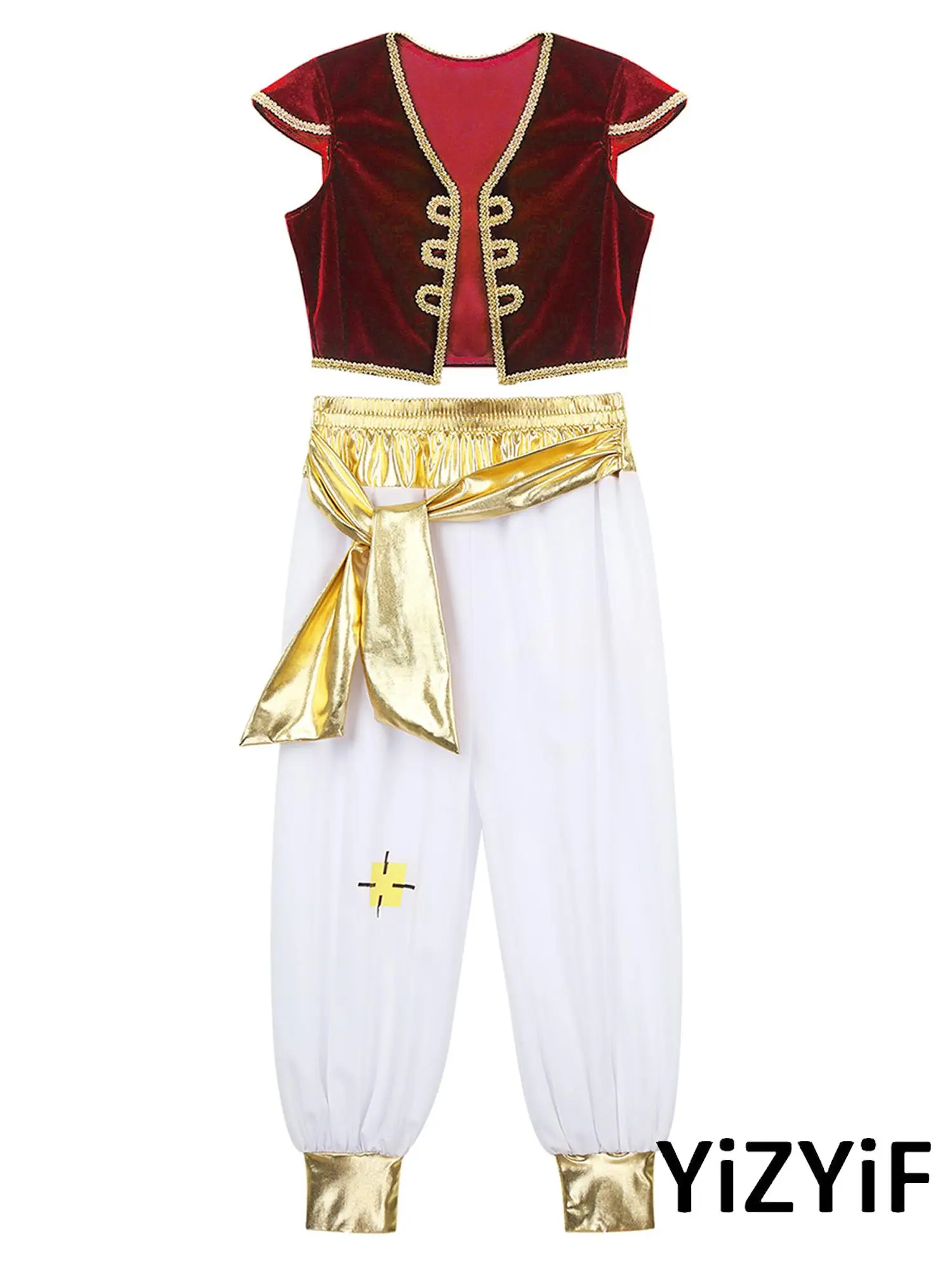 

Children Boys Arabian Prince Costume Suit Halloween Carnival Festival Cosplay Party Fancy Dress-up Cap Sleeves Vest with Pants