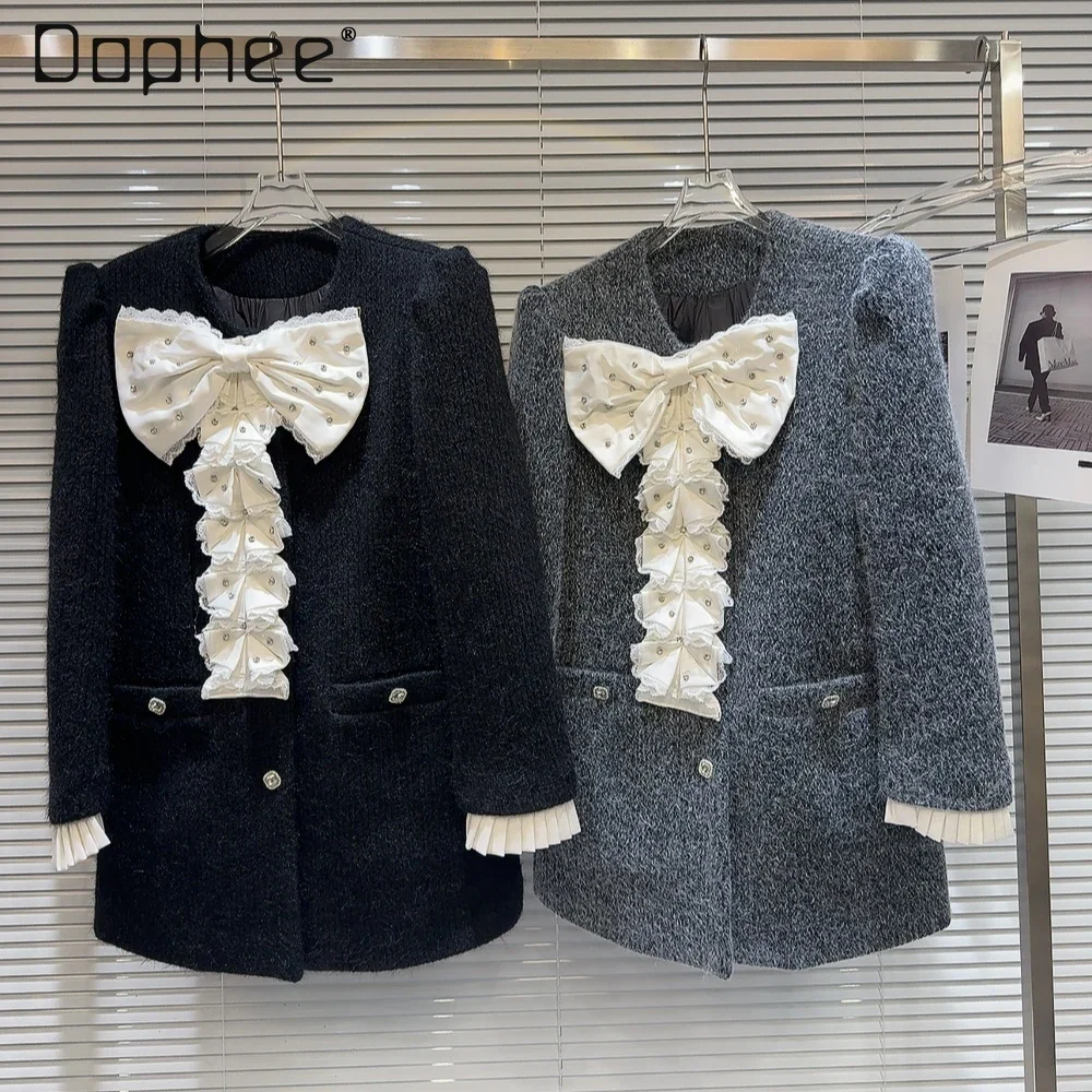 

Sweet Bow Rhinestone Wool Coats for Women Down Liner Ruffle Round Collar Single Breasted Pockets Thick Jackets Wram Elegant