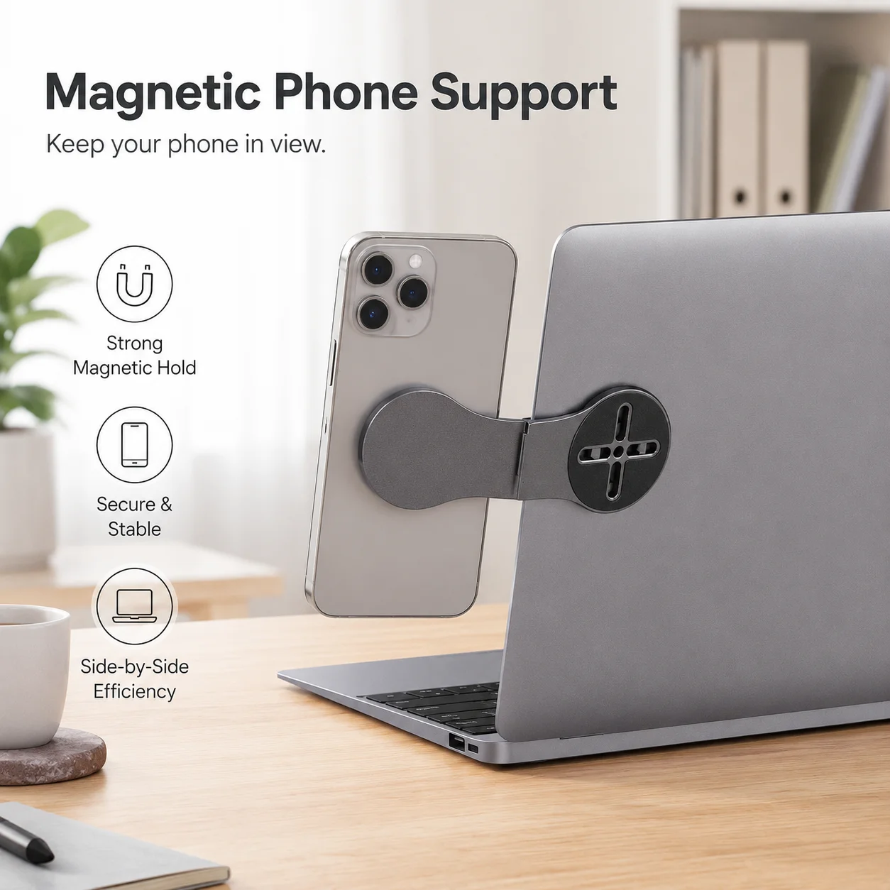 Portable Fold Magnetic Laptop Side Phone Mount, 2-in-1 Magnetic Phone Holder, Work From Home Dual Screen Phone Stand for Office