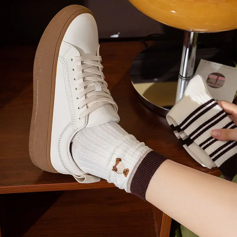 

5 Pairs Ladies' Socks Set Korean Striped Cartoon Teddy Bear Cute Sweet Kawaii Comfortable High-quality Cotton Socks For Girl