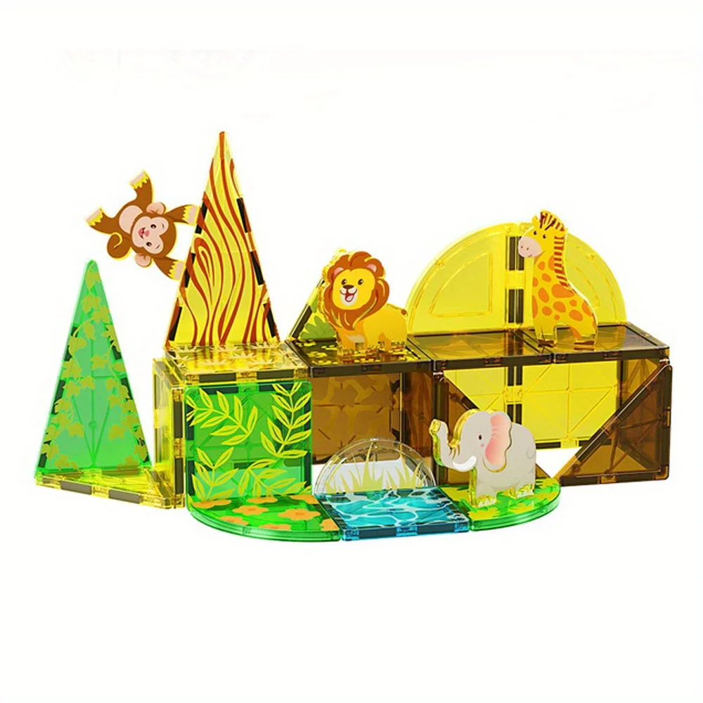 DIY 32pcs Grassland Animals Magnetic Building Blocks - Large STEM Toy Set Creative Magnetic Toys, Children Educational Gift
