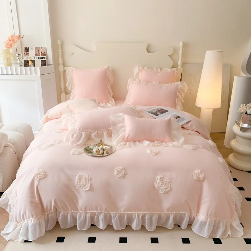 4Pcs French Princess Style Three-Dimensional Rose Flowers White Ruffle 2-Person Cotton Bed Linen Four-Season Pink Bedding Set