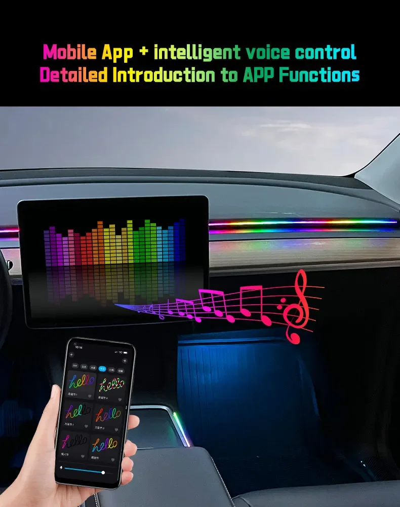 Auto-LED-Ambientelicht USB 64 Farben Acrylstreifen 110cm Vollfarben RGB Auto-Innenbeleuchtung Versteckte App-Fernbedienung Atmosphärenlampe – Detail 4