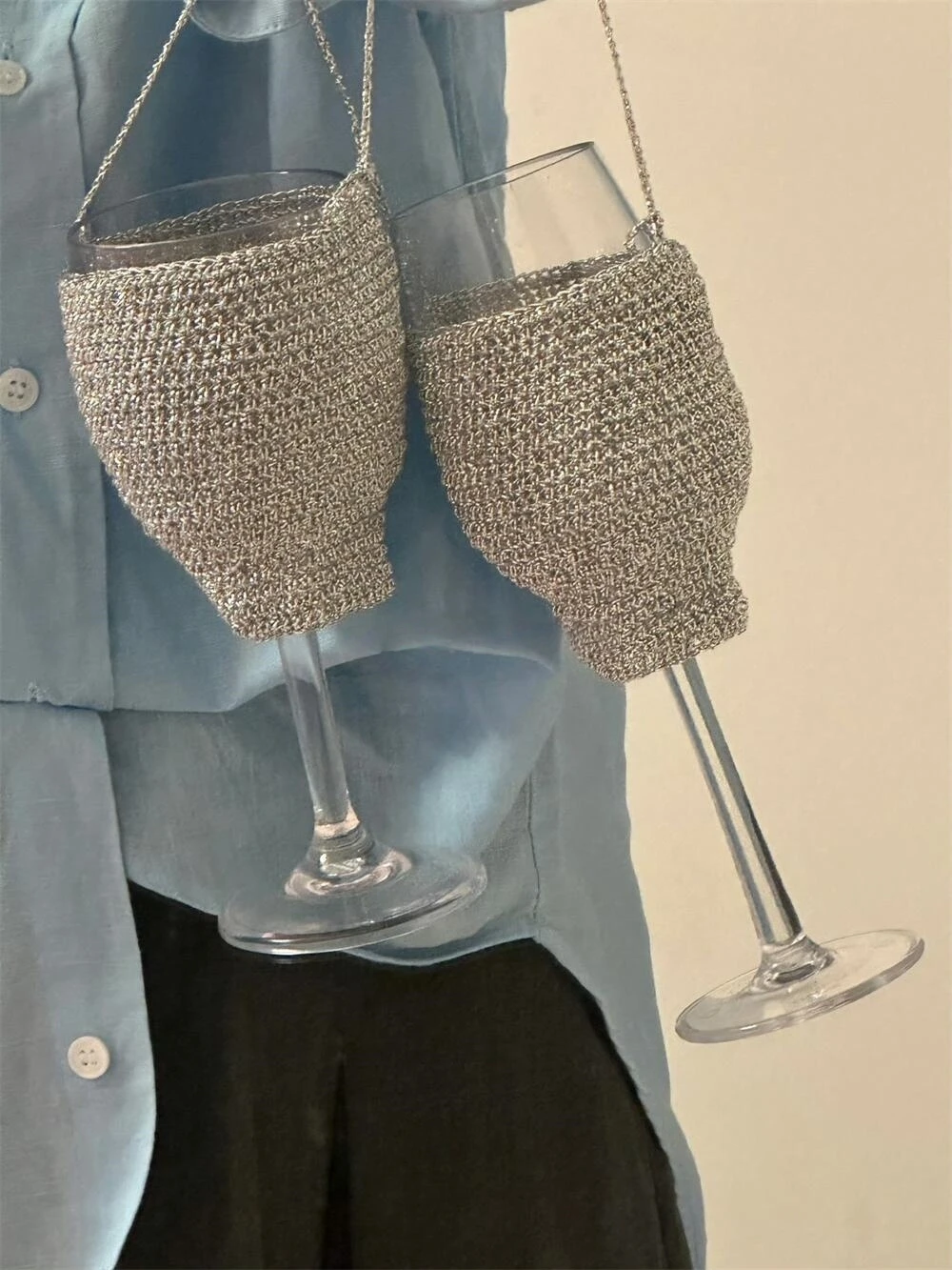 

Korean Style Wine Glass Cup Bag Suits Crossbody Bag, Bottle Cover, Handbag, creative gift vase, sequins, handmade weaving