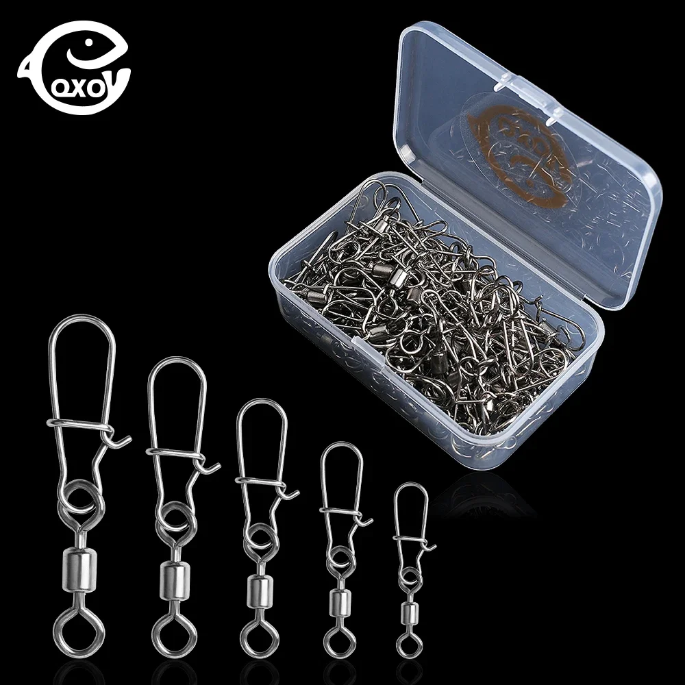 QXO 50pcs Swivels & Snap Fishing Accessories Connector Storage Box Rotation Snap Fishhook Guide Ring Kit