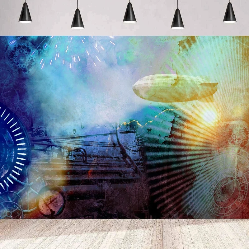 

Photography Backdrop Vintage Cogs Airship Clocks Fireworks Steam Engine Background Wall Military War Theme Birthday Party Decor