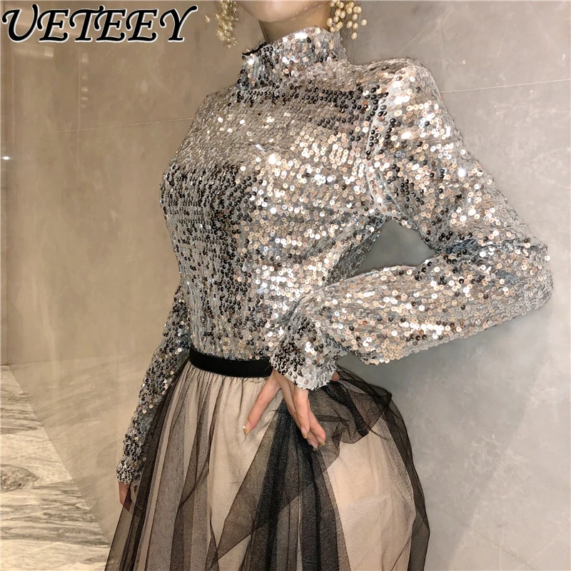 

2023 Spring Autumn Sexy Gentle Retro Fashion Glitter Gold Top Women Stand Collar Long Sleeve Sequined T Shirts Y2k Style Clothes