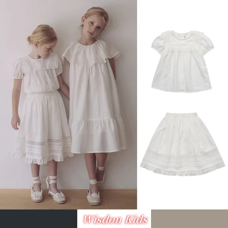 

2025 SS LOU New Girls' and Children's Natural Silk Cotton Pure White Short Sleeved Top and Half Skirt Set Clothes(Pre-sale)