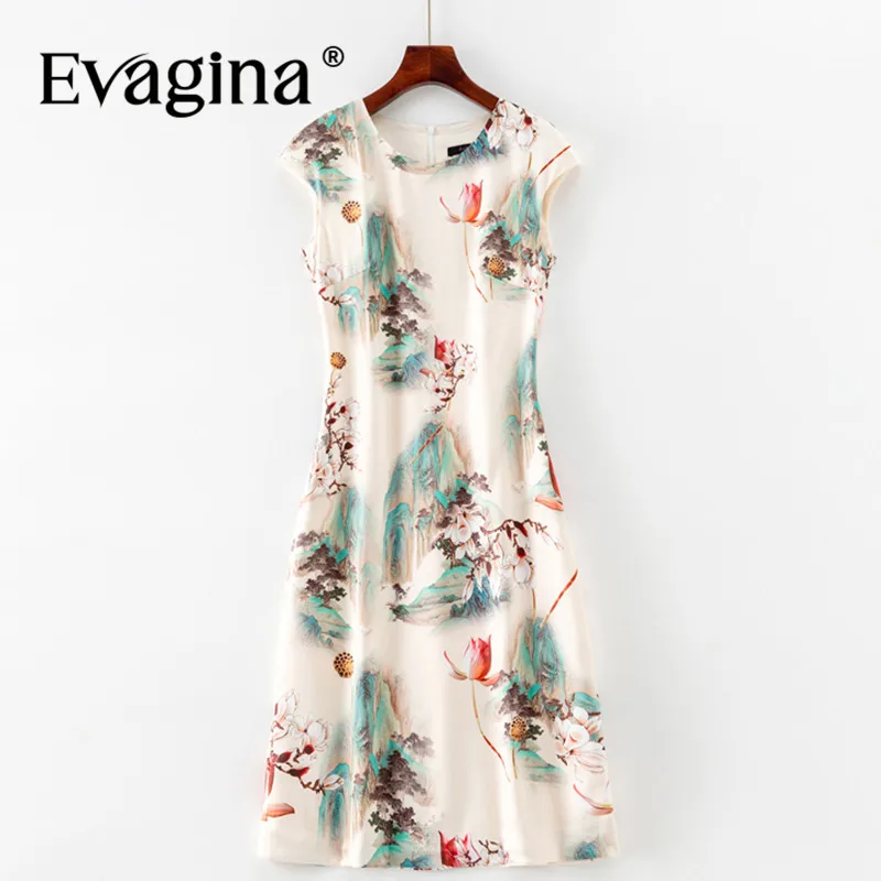 Evagina Fashion Summer Women's Dress Sleeveless Vintage Elegant Print Slim Office Work A-Line Dresses