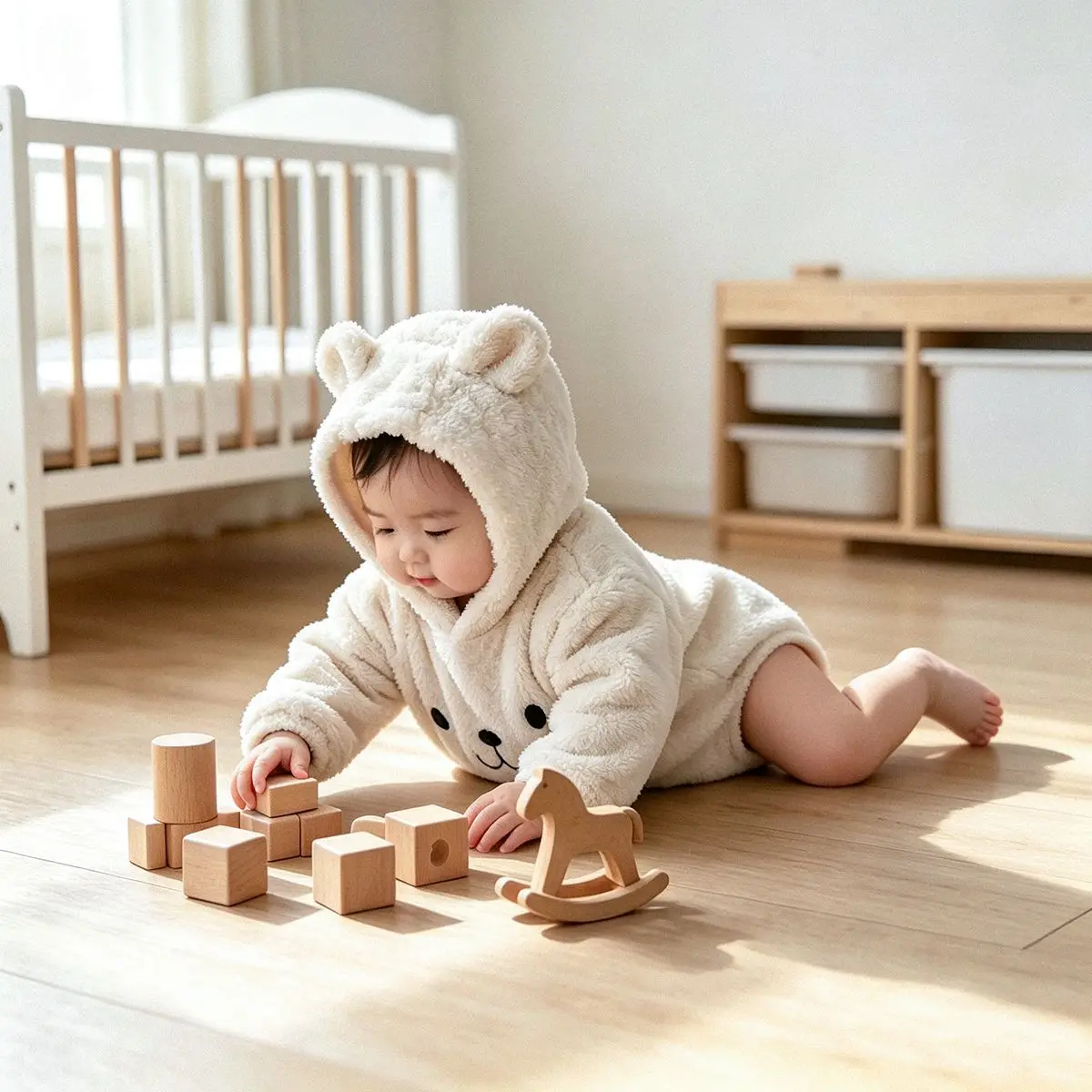 2026 Fall Winter Infant Cute Ear Embroidery Jumpsuit Baby Infant Thick Warm Double Fleece Hooded Onesie