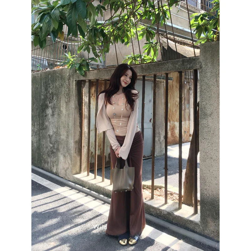 

Модная плиссированная юбка кофейного цвета, облегающая, длинная, с эффектом «рыбий хвост», женская, осенняя новинка, повседневная, из полиэстера