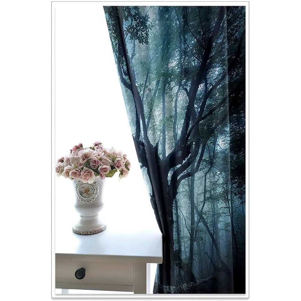Cortinas transparentes de poliéster preto e verde com padrão de árvore psicodélica, 92 x 90, conjunto de 2