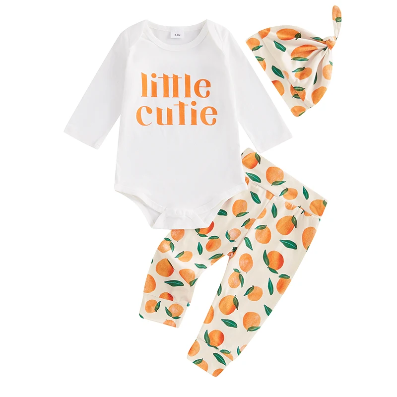 Baby Clothing Girls 2Pcs Fall Outfits Long Sleeve Romper + Orange Print Pants + Top Knot Hat Set Newborn Clothes