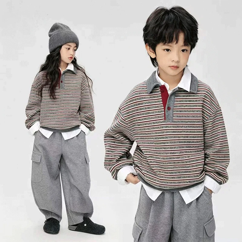 Boys 2026 Fashion New Item Fake Two Piece Childrens Spring and Autumn Hoodie Medium Size Childrens and Girls Top