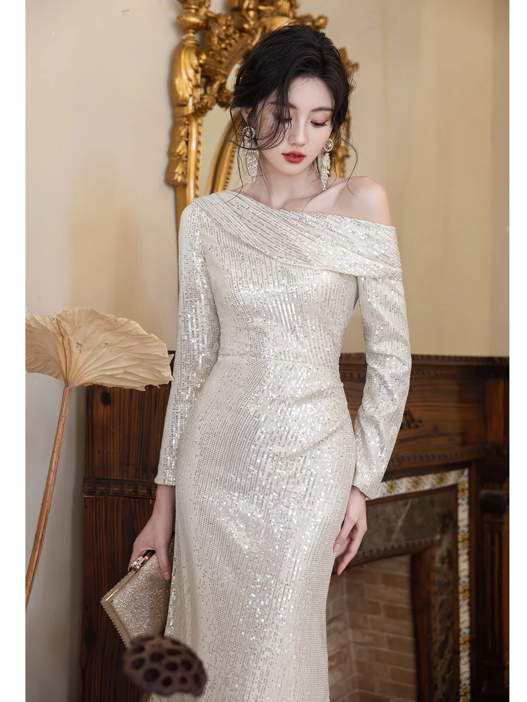 

Элегантное вечернее платье с пайетками для женщин, новинка 2025 года, класса люкс, для конференций и торжеств, корейский стиль, с длинными рукавами