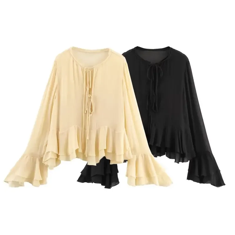 

Fashion O-Neck Loose T-shirt Tops Lace Edge Tierred Sense of Layering T Shirt Autumn Casual Elegant Female TEES Streetwear