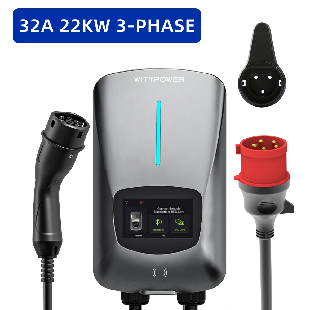 WityPower EV-lader Type 2 7KW 11KW 22KW 1/3-fasig EVSE Wallbox Oplaadstation voor elektrische auto's met WiFi-app-bediening RFID