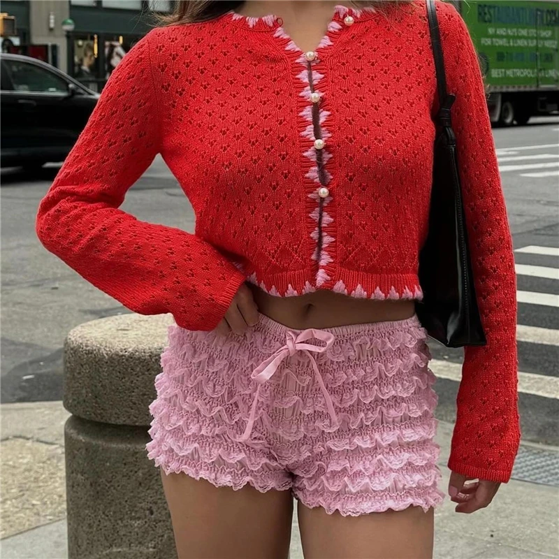 Women's Fashion Mini Shorts Layered Lace Frill Trim Elastic Waist Tie-Up Bow Bloomer Shorts for Summer Streetwear