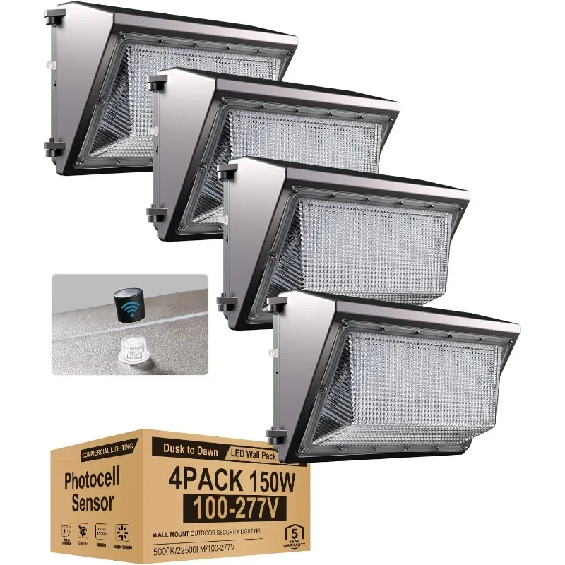 4Pack 150W LED Wall Pack Lights, 22500Lm 5000K Daylight IP65 Waterproof Wall Mount Outdoor Security Lighting Fixture