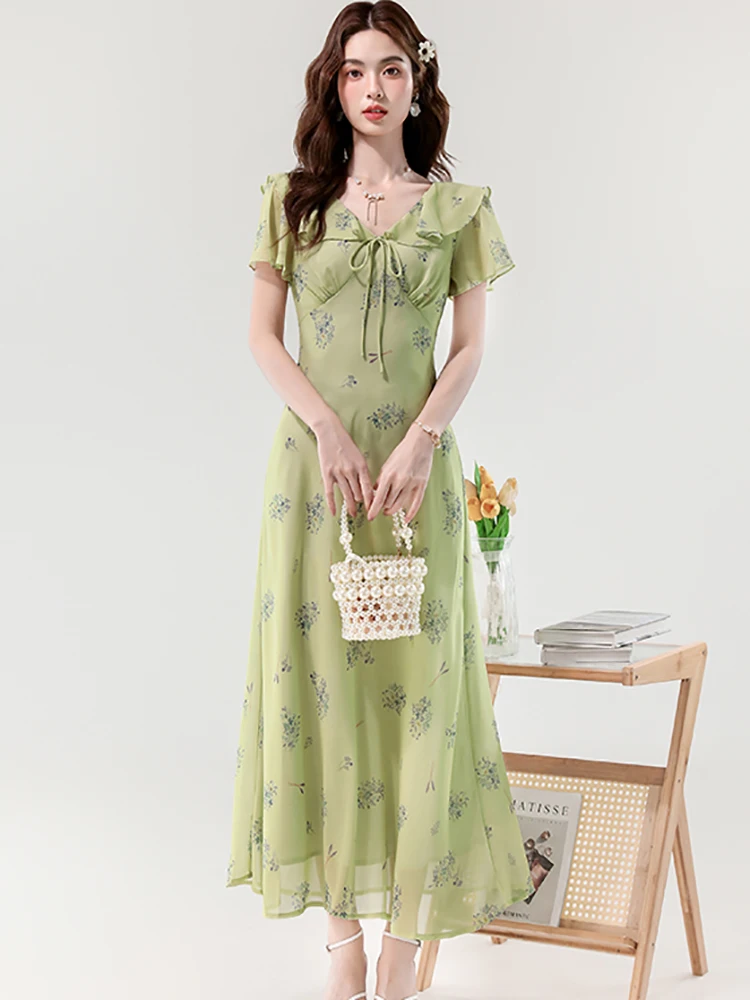 Feminino verde floral chiffon chique arco babados colarinho vestido longo verão boho elegante vestido de férias 2025 coreano bodycon vestido de festa