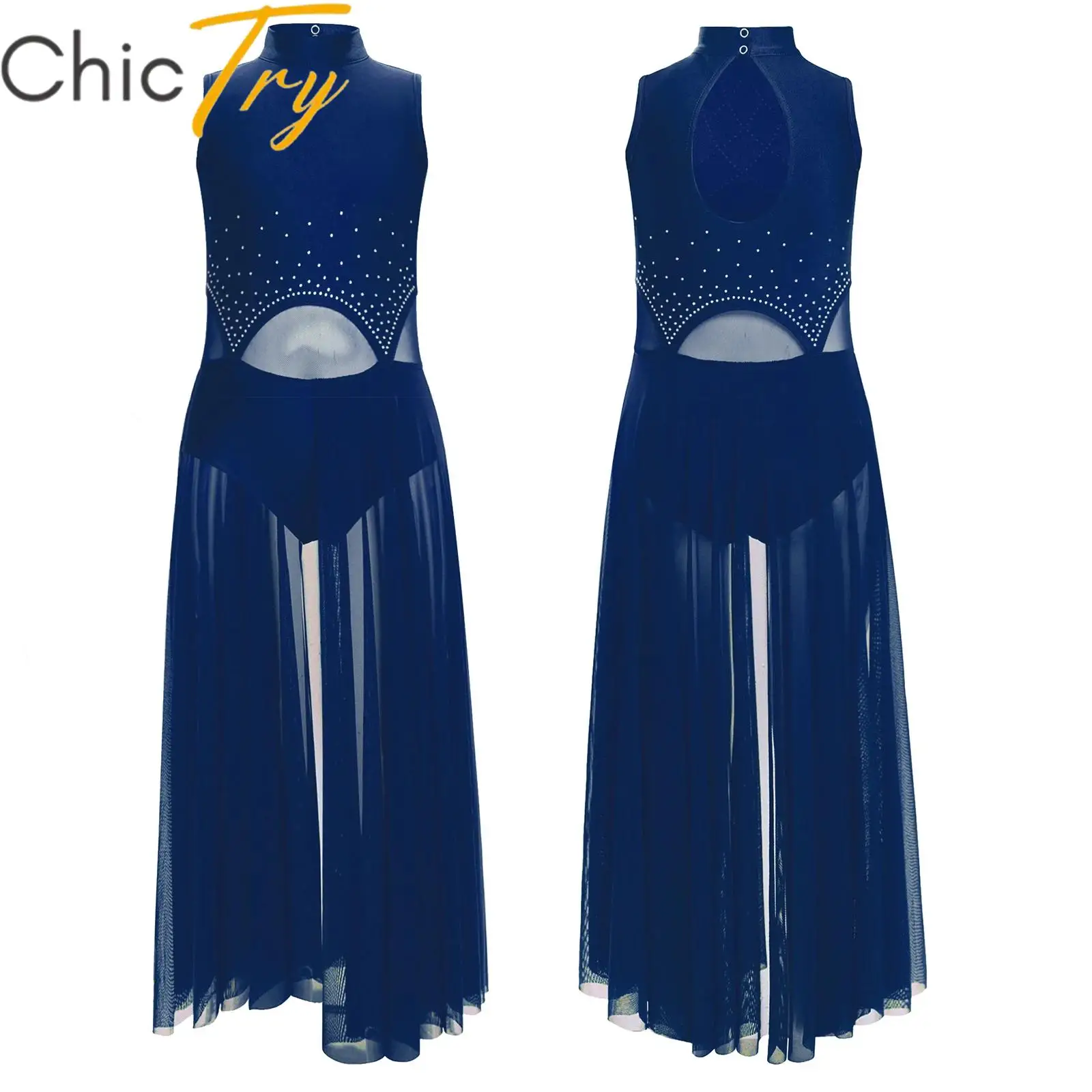 

Kids Girls Lyrical Dance Dress Keyhole Back Stage Performance Costume Sheer Rhinestones Split Dress Figure Skating Dancewear