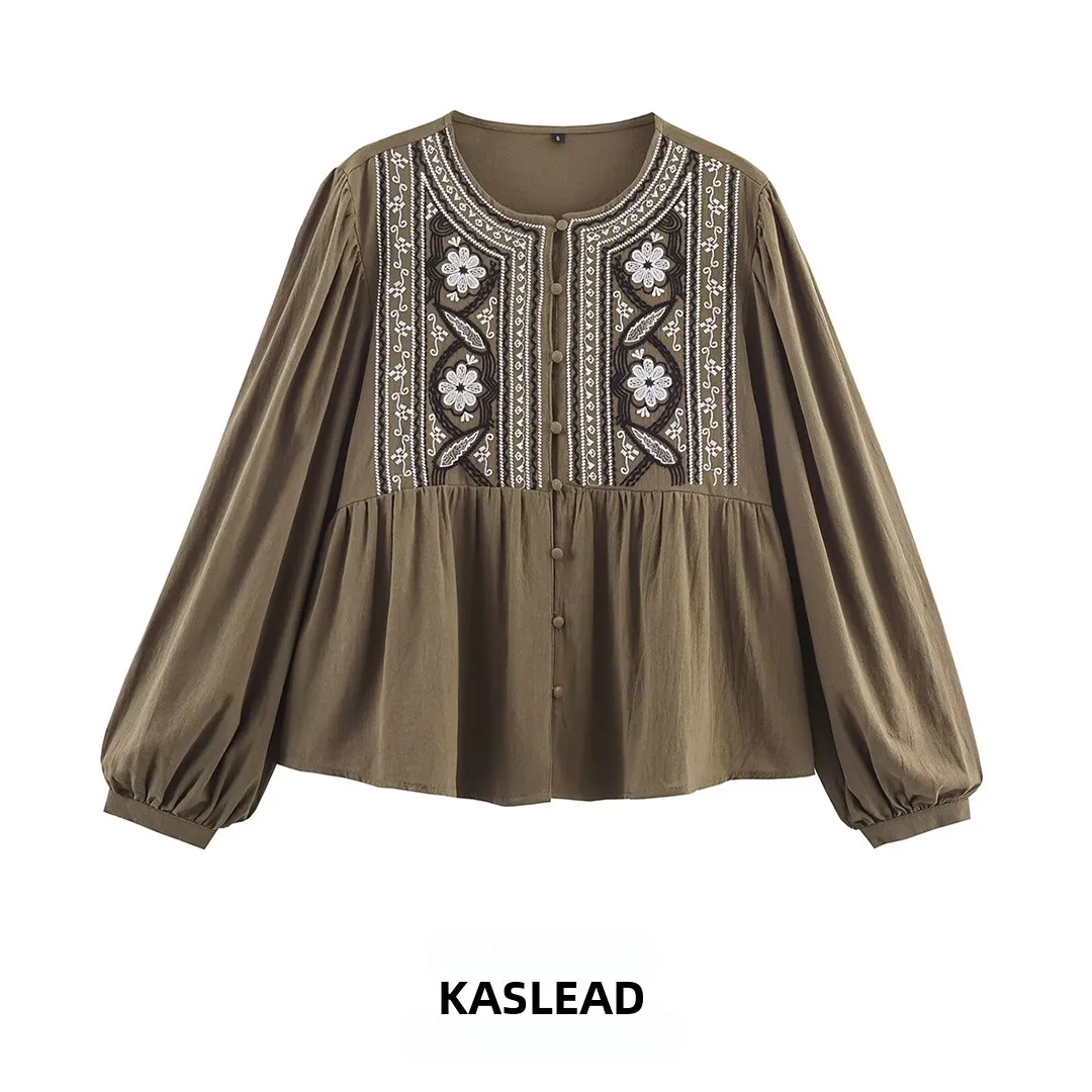 KASLEAD Nieuwe dames Faion Eenvoudige losse borst Geborduurd irt Ademend polyestervezel Lang Sve rond Ne-knopdetail