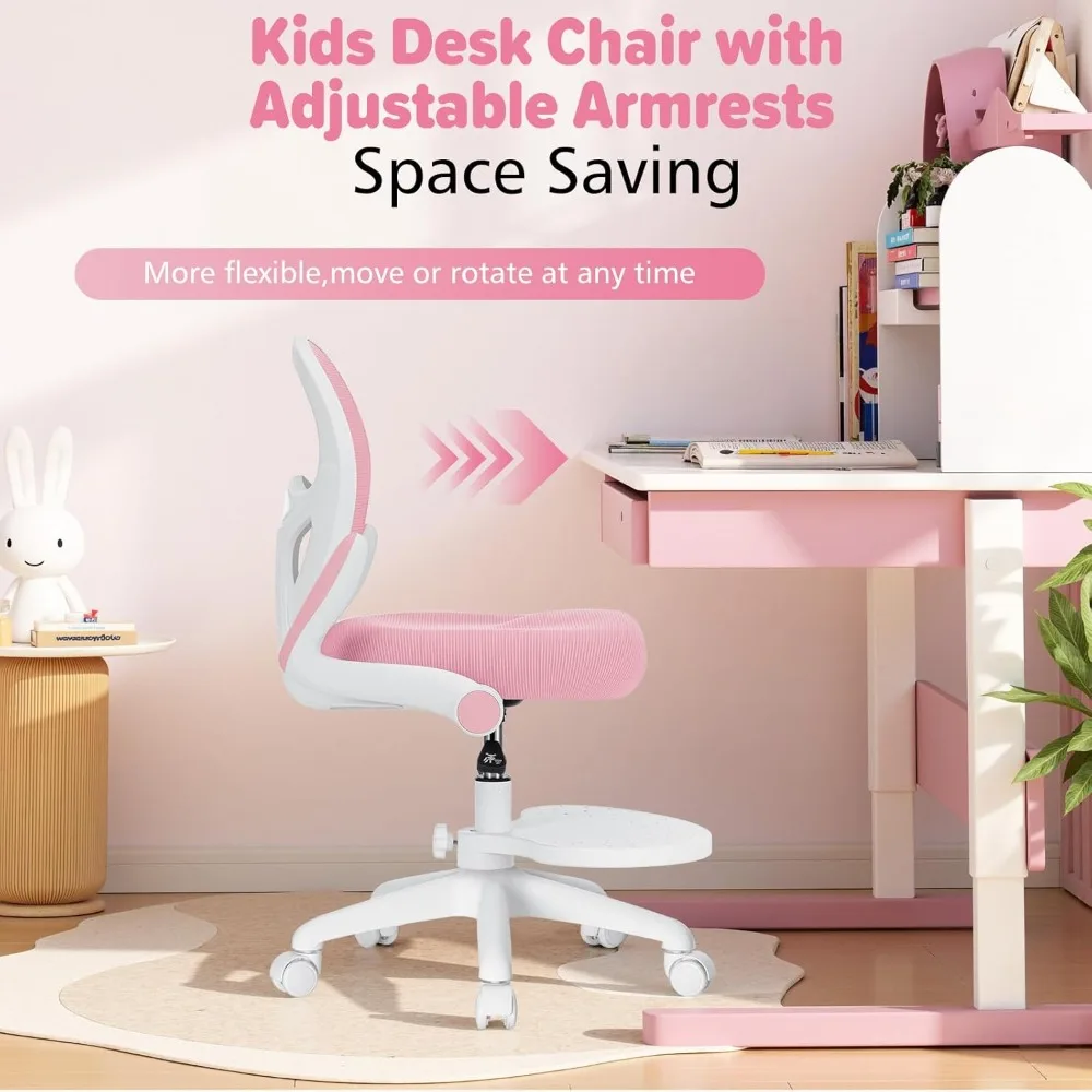 Kids Desk Chair Ergonomic Study Chair with Flipped Armrest and Footrest Adjustable Height Swivel Kids Computer Chair