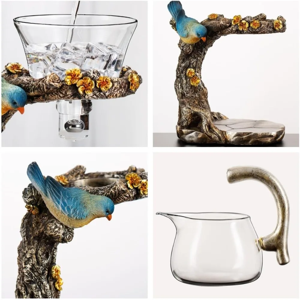 Glass Kungfu Teapot Set Tea maker with Infuser Semi Automatic Drip Rotating Bowl Tea Pot Set Animal Bird Design for Home Office view 3