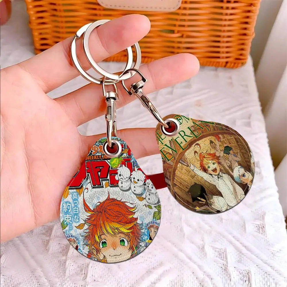 The Promised Neverland Anime 1PCS PU Leather Keychain Protective Case Door Lock Access Control Tags Card Bag Key Tag Ring.