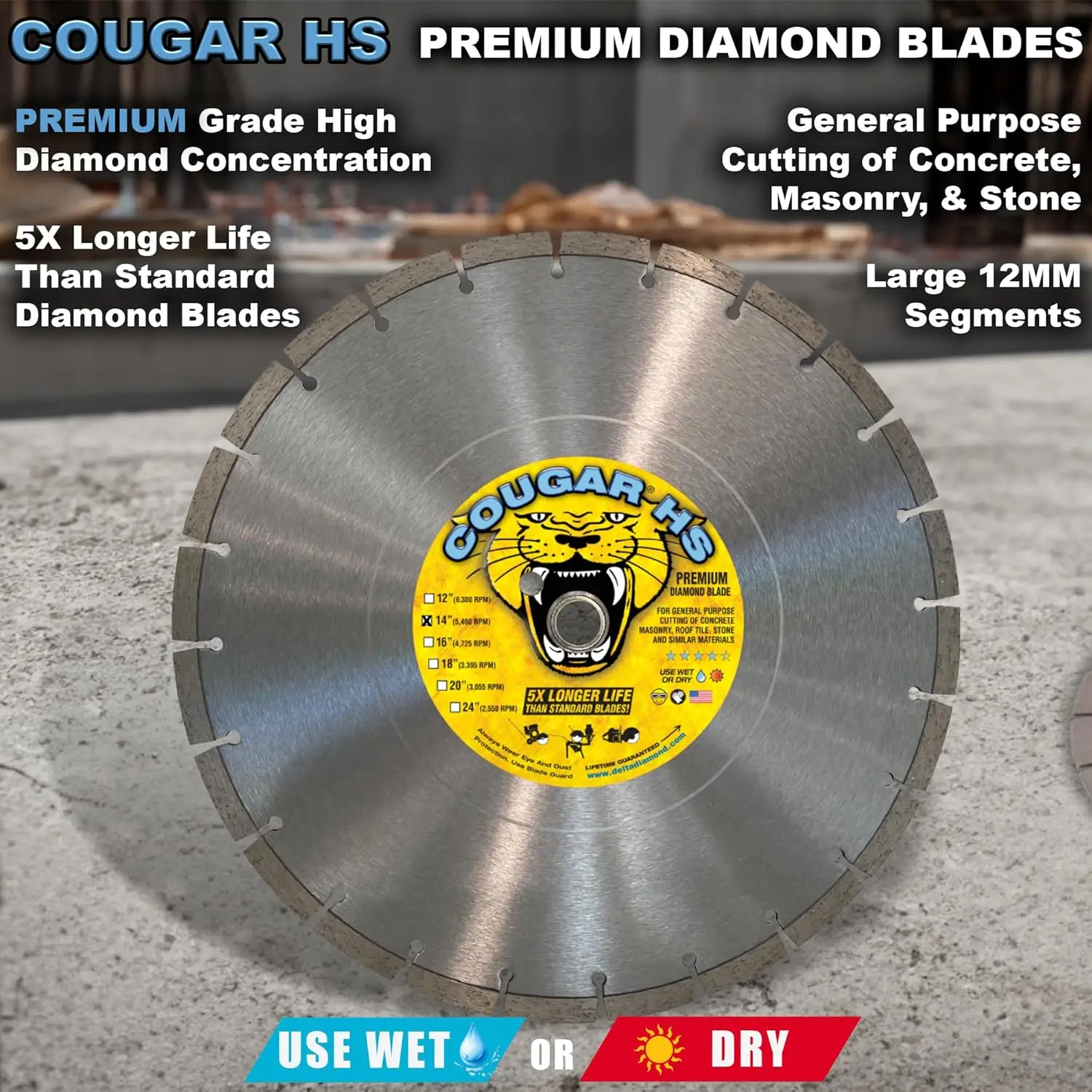 Diamond Cougar HS 14 Inch 10-Pack Segmented Diamond Saw Blade, Premium, General Purpose Cutting Concrete, Block, Paver, Br