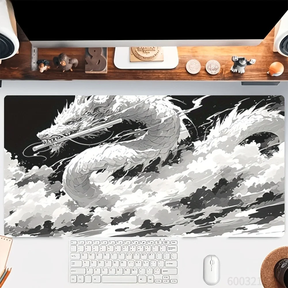 Mouse pad mecânico com estampa de dragão preto e branco, design estilo anime, mouse pad para jogos, mouse pad grande
