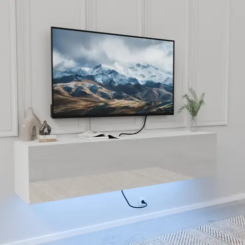 Supporto TV galleggiante con luce LED per TV fino a 63", moderno centro di intrattenimento lucido, mobile multimediale TV bianco da parete