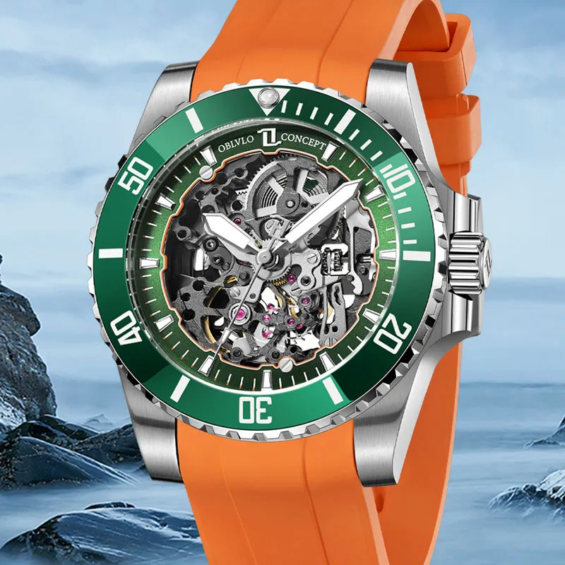 

OBLVLO Luxury Men's Skeleton Automatic Mechanical Watch Rubber Strap Sapphire Mirror Waterproof 200m Men Diving Watches