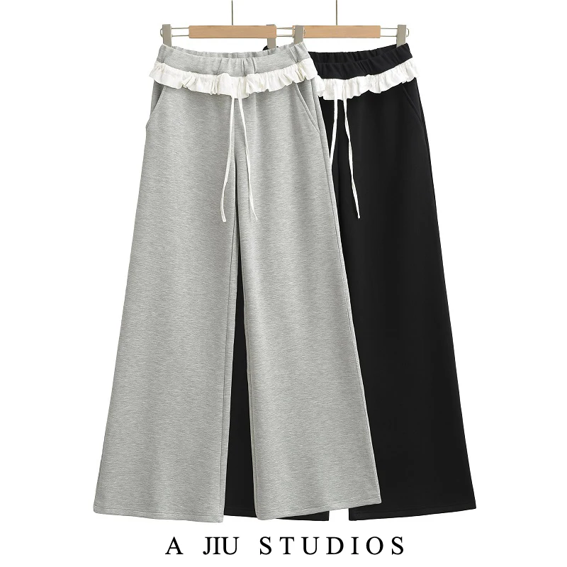 Amerykańskie spodnie damskie z falbankami, elastyczną talią, łączone materiały, wiosna-jesień, kolorowy wzór Colion, casualowe, wysokiej jakości, sportowe...