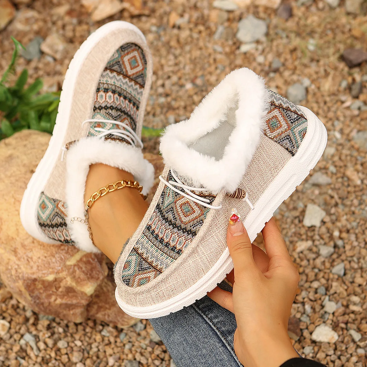 

European and American round head lace-up cotton boots flat bottom velvet warm cotton shoes women