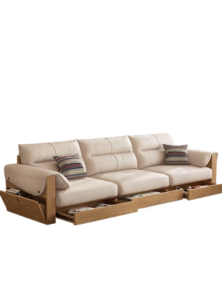 

Japanese-style living room solid wood sofa small apartment log wind elephant ears leather sofa multi-functional storage