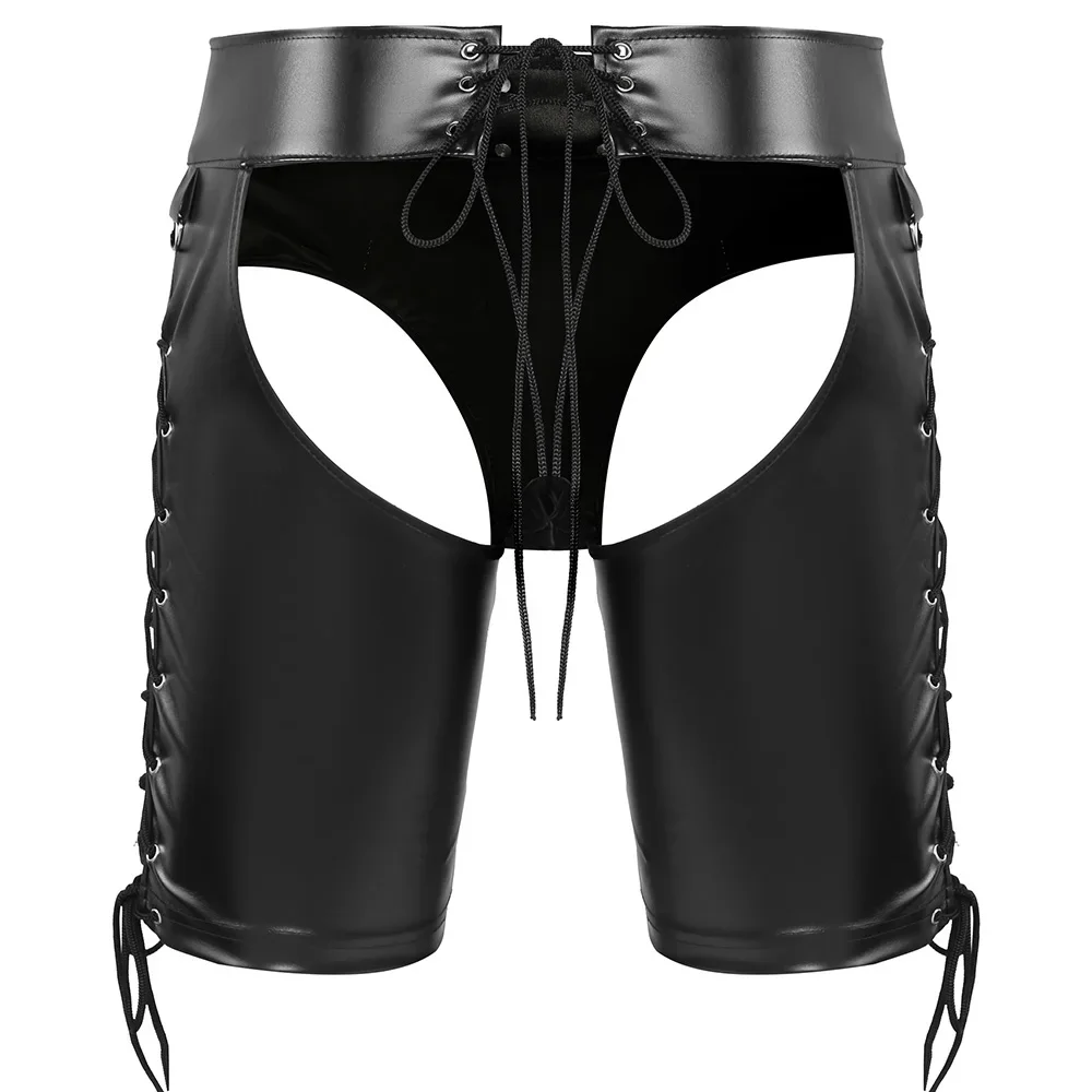 Men Sexy Faux Leather Boxers Shorts Backless Nightclub Fetish Gay Open Crotch Lace-up Short Pants Male Tight Punk Costume Trunks