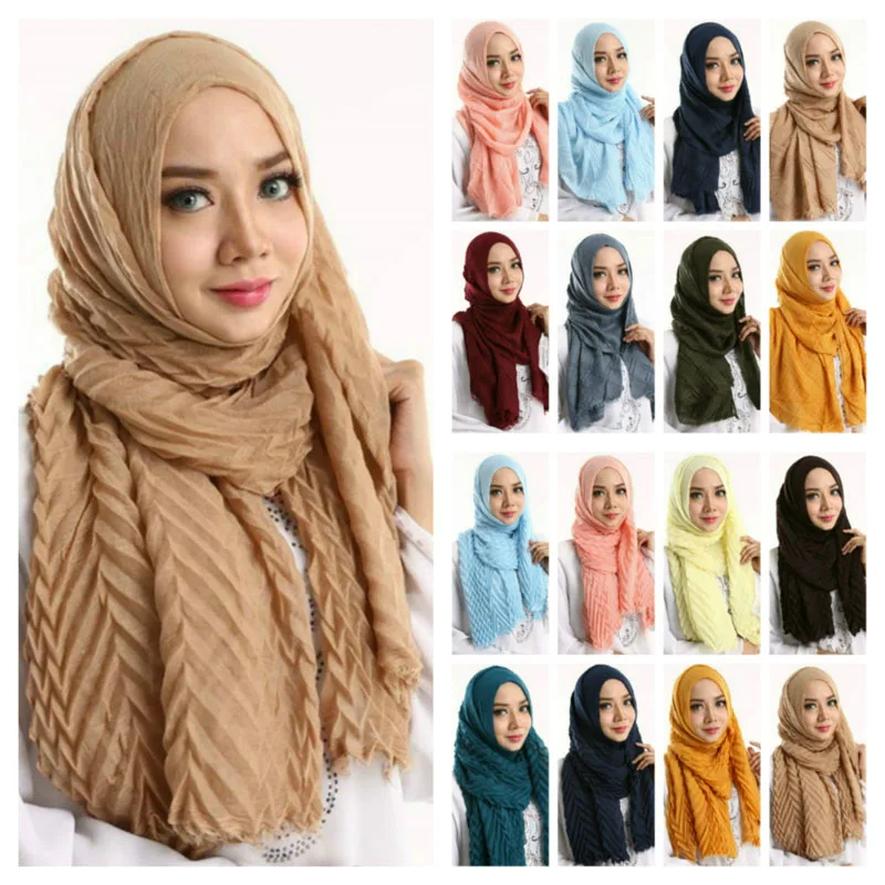 Wrinkle Voile Scarves Hijab Women Shawls Wraps Crinkle Headband Muslim Hijabs Stoles Pashmina Bufanda Foulard Islamic 19 Colors